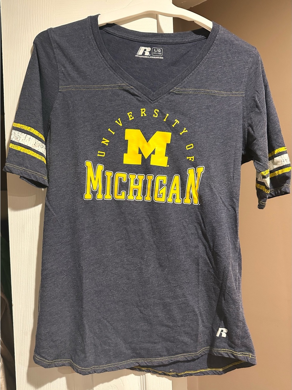 Russell Athletic Navy V-Neck Michigan Graphic T-Shirt with Yellow Logo